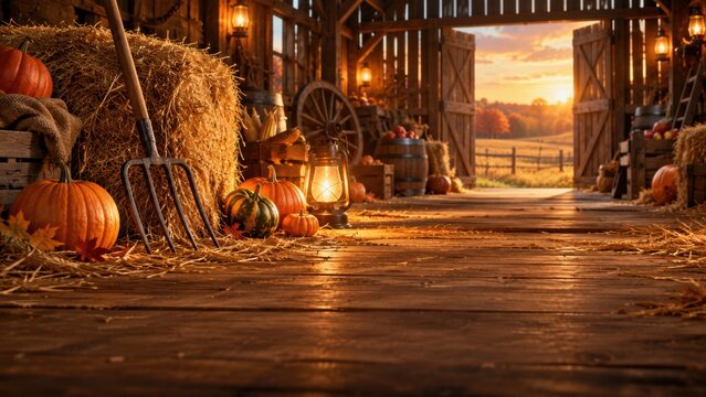 Cozy barn interior decorated with pumpkins and hay bales during autumn sunset, warm glow