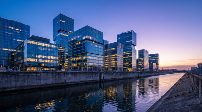 Financial district office towers glow above a tranquil canal reflection at sunset