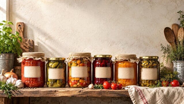 Assortment of homemade preserves in glass jars on a rustic wooden shelf