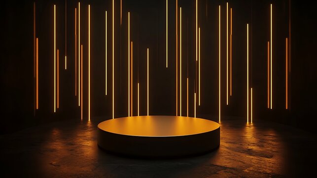 Dramatic product showcase with illuminated vertical lines and a circular pedestal for luxury display
