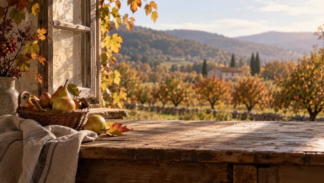 Autumnal harvest view from a rustic window with pears in a basket overlooking a valley of orchards bathed in warm sunlight