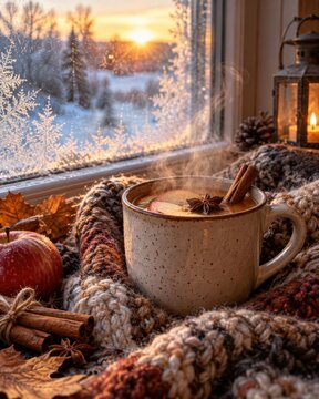 Cozy cup of hot apple cider with cinnamon and star anise, decorated with autumn leaves and frost on the window
