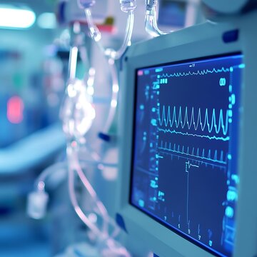 Critical care monitoring heart rate and waveform display on modern medical equipment in hospital setting