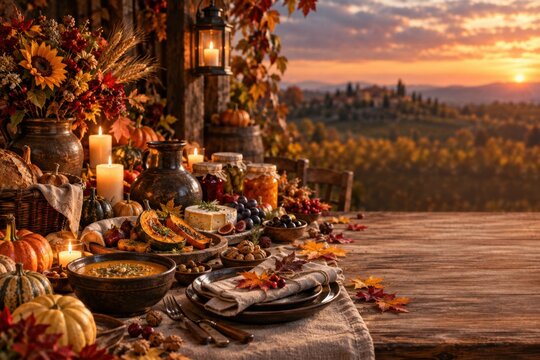 Autumn harvest feast on a rustic table with a warm sunset backdrop