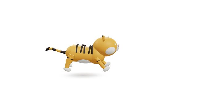 Cute cartoon tiger character performing walk and jump animation cycle