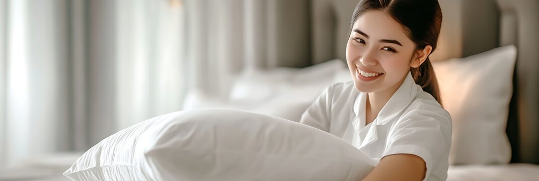 Smiling asian woman presenting a fluffy white pillow in a luxury hotel room setting hospitality concept