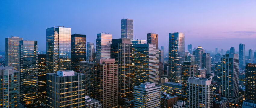 Panoramic downtown skyline glows warmly across a dense financial district at dusk