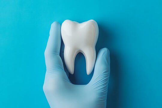 Isolated molar tooth held in gloved hand against a vibrant blue studio backdrop dental health concept