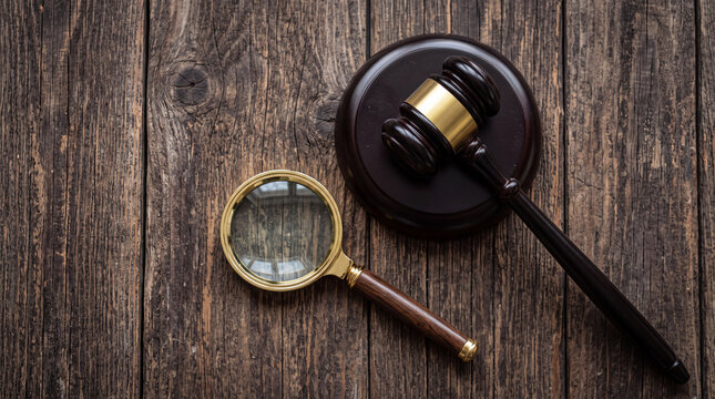Judge's gavel and magnifying glass on a rustic wooden background