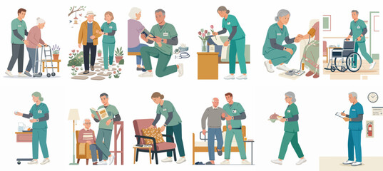 Fototapeta premium Illustration set of professional caregivers providing medical assistance and personal support to elderly people in various healthcare and home care settings.