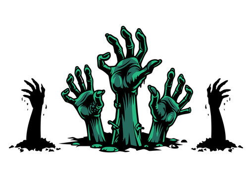 Green cartoon zombie hands emerging from dark soil