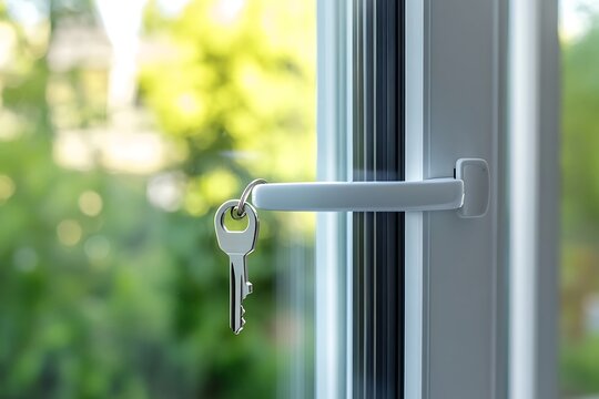 Modern white sliding glass door with keys hanging on the handle blurred garden view