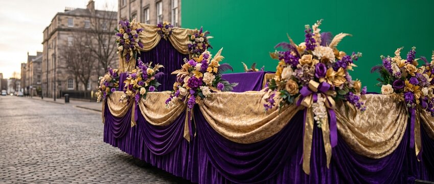 Colorful parade float decorated with flowers and drapes in the city  