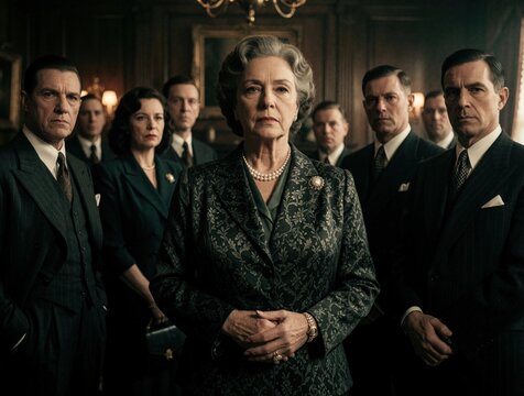 Elegant matriarch leads stern family members in dark room. Serious men and women stand together united facing crisis and external threats. Group shows strength, loyalty, and resolve amidst tension.