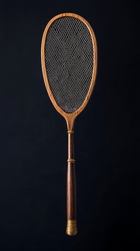 Vintage wooden tennis racket isolated on black showcasing classic sports equipment and retro athletic aesthetics