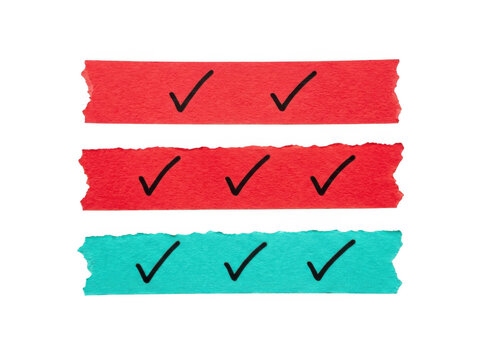 Red and teal paper strips with handwritten check marks isolated on transparent background