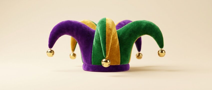 Colorful jester hat with bells on a plain background  