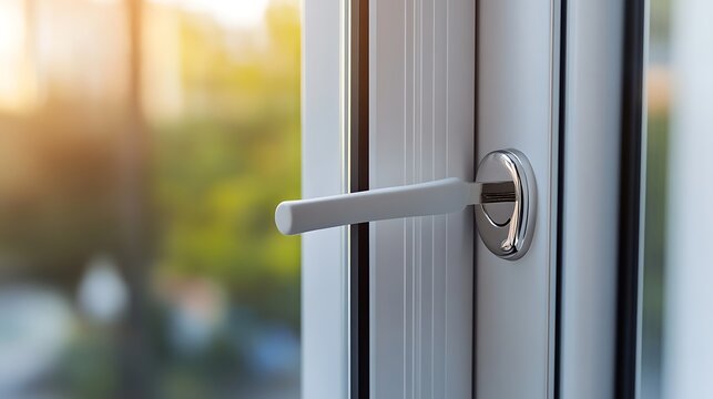 Close up of a modern white vinyl window handle with blurred outdoor foliage in the background