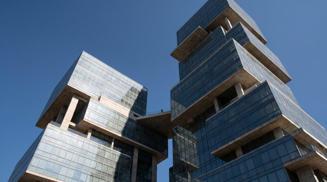 Sculptural cantilevered office towers rise sharply into a clear blue downtown sky