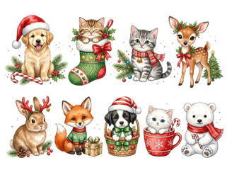 Obraz premium Christmas Animals: A delightful collection of adorable animals adorned in festive holiday attire, evoking a sense of warmth, joy, and Christmas spirit.