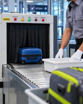 Blue suitcase passing through X-ray scanner with airport security officer