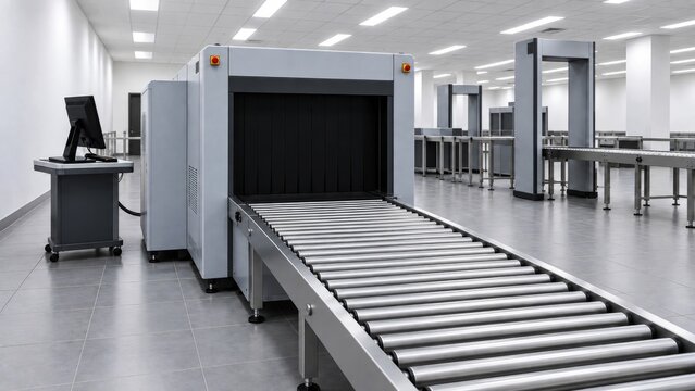 Empty airport checkpoint with X-ray conveyor and multiple metal detector lanes