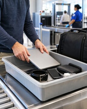 Traveler loads laptop and accessories into tray at airport security checkpoint