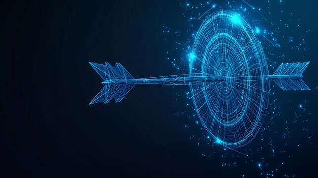 Precision targeting concept blue wireframe arrow hitting bullseye with network connections