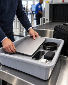 Traveler places laptop in security tray before airport X-ray screening