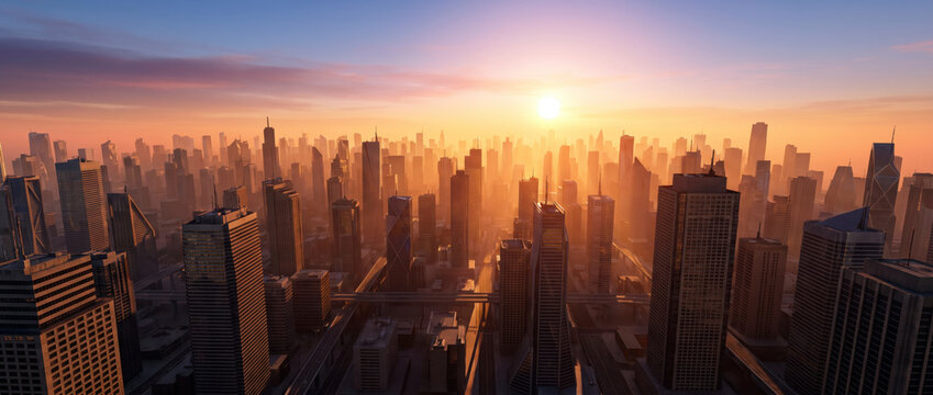 Panoramic downtown skyline glows under a radiant sunset over a sprawling metropolis