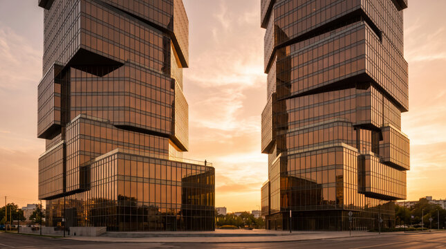 Angular cantilevered office towers glow gold at sunset above a downtown street