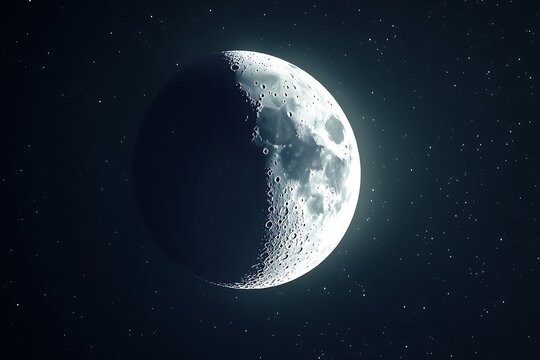 Detailed first quarter moon phase with visible craters against a starry night sky