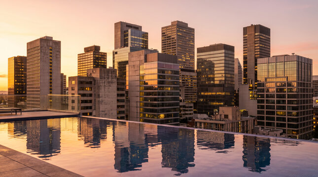 Rooftop infinity pool mirrors a golden downtown high rise skyline at sunset