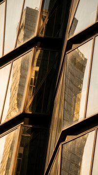 Golden angled glass panels reflect a tower facade in a bold abstract pattern
