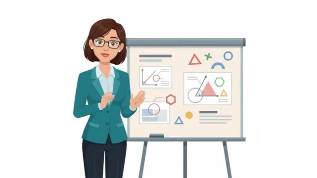 Animated Female Teacher Presenting Geometry Chart Board Vector Illustration for Math Lesson Online Education Concept Isolated on White Background   