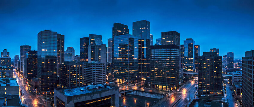 Panoramic blue hour skyline reveals a dense downtown financial district at dusk
