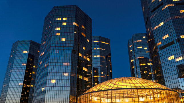 Low angle view reveals soaring office towers beside a glowing golden dome at dusk