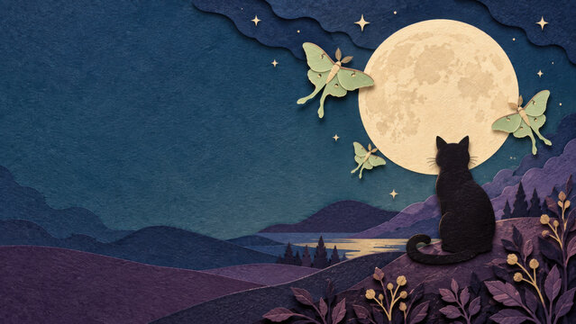 Halloween night with black cat watching full moon and moths flying over purple hills under starry sky in paper cut style