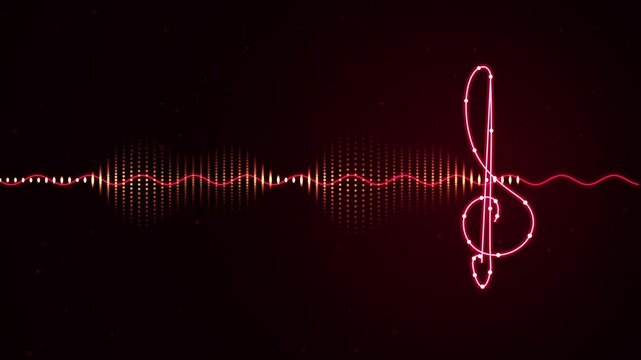 Abstract red music equalizer with moving particles and treble clef loopable motion background.