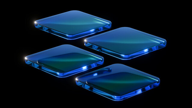 3D abstract glossy blue glass square plates isolated on black background. Ideal for product podiums, tech presentation slides, web headers, UI UX design, and wallpaper