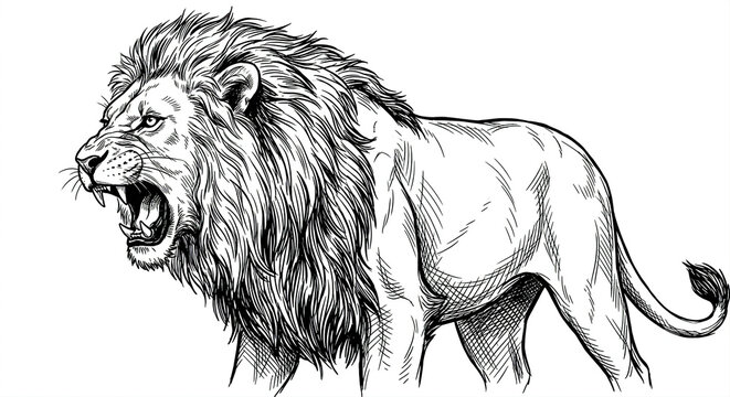 Powerful roaring lion side view line art illustration, wild animal drawing