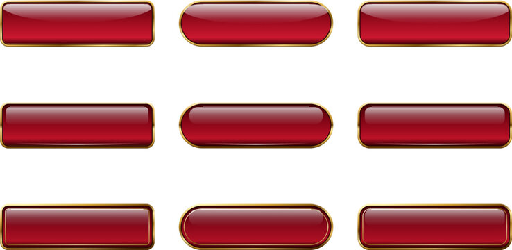Red Glossy Rounded Web Button Vector Set with Gold Trim
