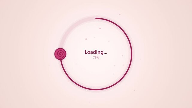 Cartoon snail with pink shell crawls on circular loading bar against light background motion graphic.