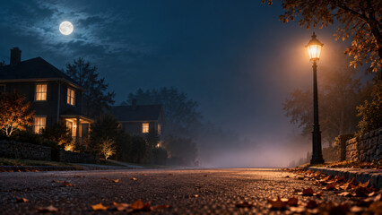 Obraz premium Halloween night with full moon glowing over quiet suburban street illuminated by warm house lights and vintage street lamp with fallen leaves
