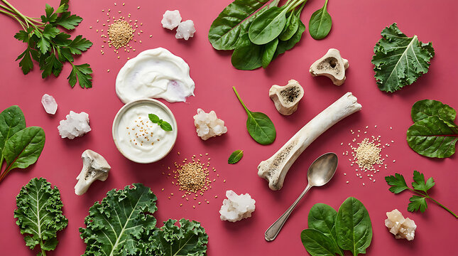 Nutritious ingredients for bone health flat lay on magenta background