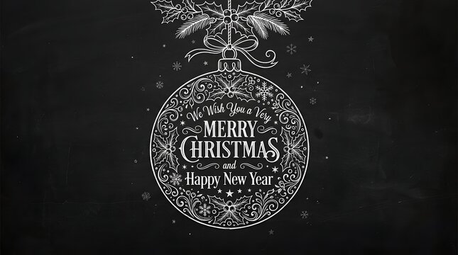Merry christmas and happy new year chalk lettering on blackboard with hanging bauble and holly
