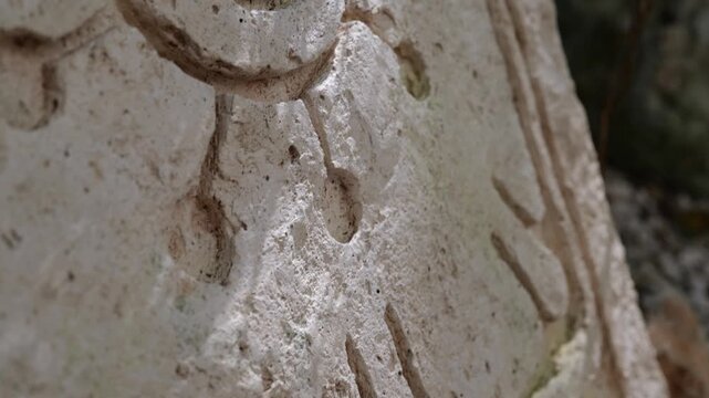 Engraved Mayan Aztec stone in Mexico. Closeup view of the symbols engraved into the stone. Natural sun light and shade under the tree in tropics.