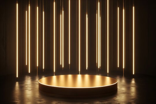 Golden cylindrical product display platform with illuminated vertical neon tubes studio lighting dark background