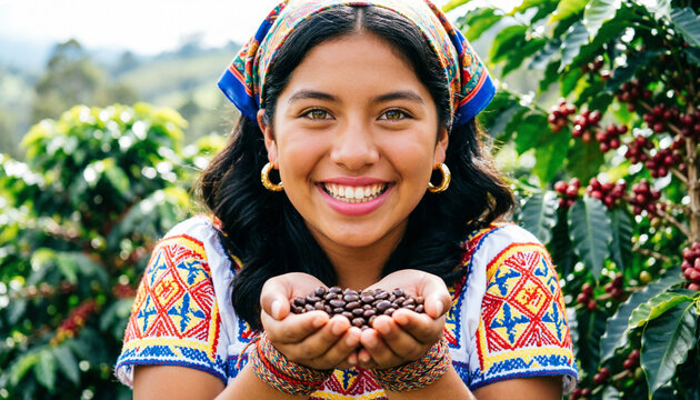 Smiling Colombian Female Coffee Farmer Showing Freshly Harvested Coffee Beans in a Traditional Plantation / Cafetera colombiana mostrando granos de caf&eacute; reci&eacute;n cosechados en una plantaci&oacute;n tradicional