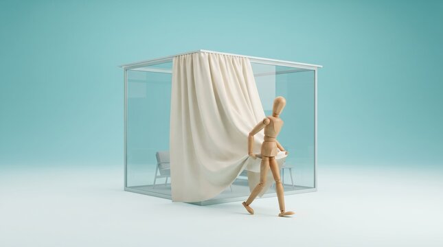 Mannequin walking in transparent dressing room with curtain
